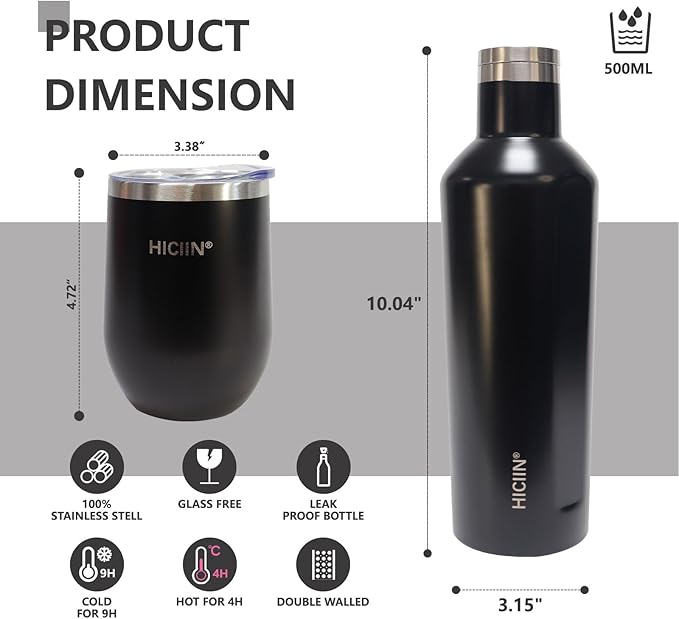 Stainless Steel Wine Tumblers with Lid TWO 12oz &amp Insulated Wine bottle ONE 25oz&ampGift Set with well packaged box.Keep waterwinedrinks with warm or cold (Black)