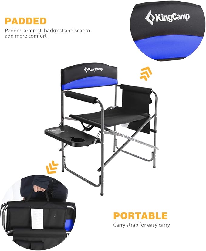 KingCamp Portable Camping Chair Folding Directors Chair Compact Outdoor Chair with Side Table Cup Holder for Beach Trip Tailgating Lawn Sports Backpacking Fishing Picnic Blue