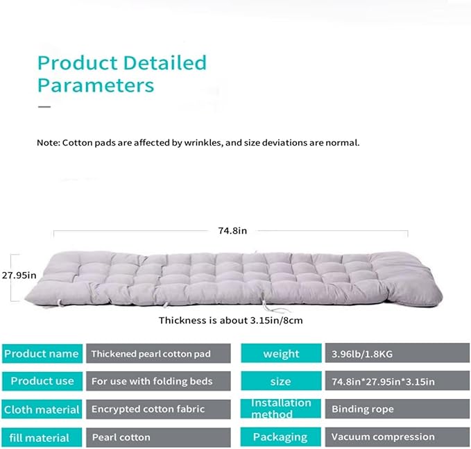 is a Foldable and Portable Pearl Cotton pad with a Thickness of 3.15 inches Suitable for Folding beds mattresses Outdoor Floor mats Offices Homes and Outdoor Rest