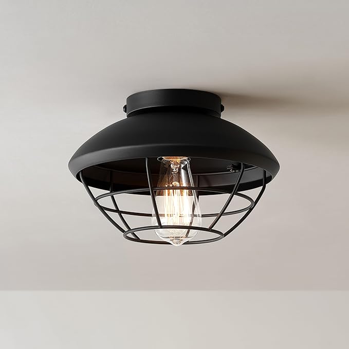 Globe Electric 60000120 1-Light Outdoor Flush Mount Ceiling Light Matte Black Finish Metal Cage Shade Weather Resistant Industrial Outdoor Ceiling Light E26 Base