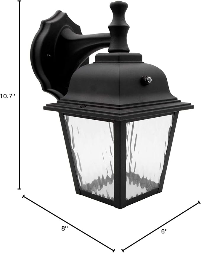 Maxxima LED Porch Lantern Outdoor Wall Light Fixture - Black Clear Water Glass Photocell Sensor 875 Lumens 3000K Warm White Dusk to Dawn Light Sensor Exterior Decorative Light