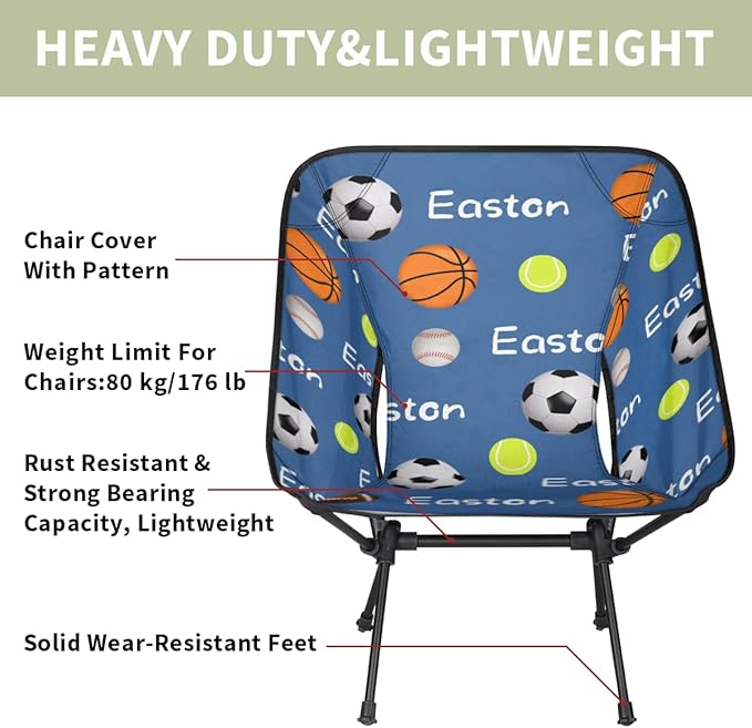 Custom Camping Chair Personalized Portable Backpacking Chair with Name Lightweight Folding Chair for Beach Hiking Ball Theme