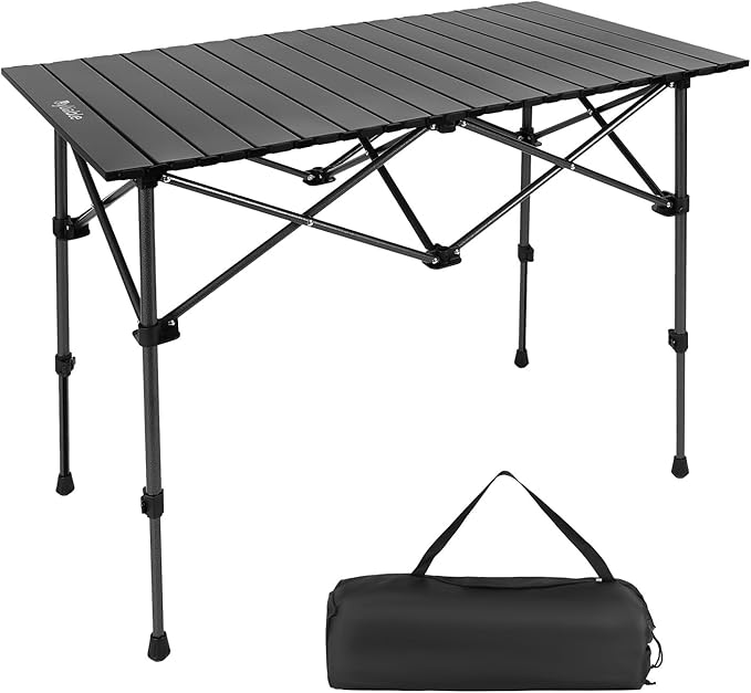 Camping Table Folding Portable Camp Aluminum Fold Up Lightweight Roll Up Table Adjustable Height with Carry Bag Indoor Outdoor for Camping Picnic Backyard BBQ Patio Black