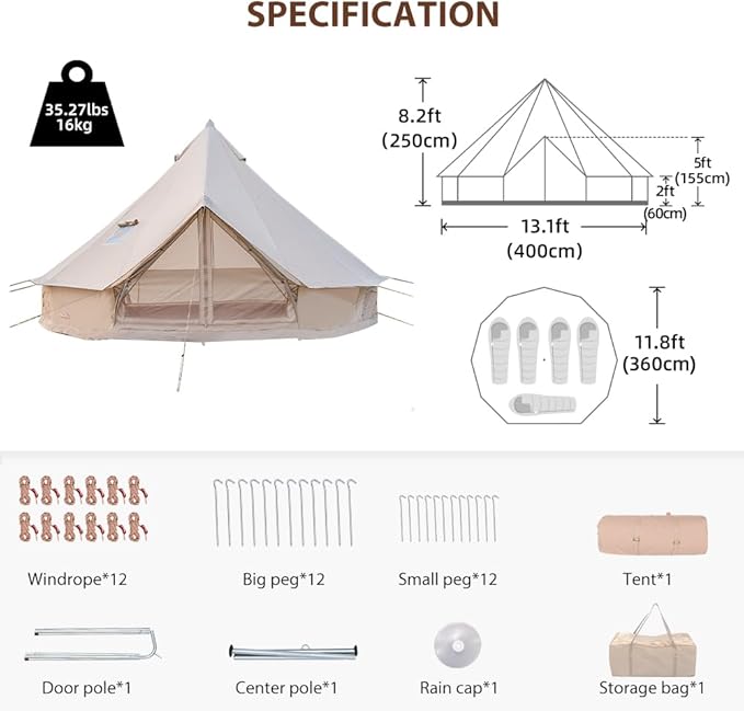 Oxford Bell Tent for Family Camping - Spacious 13.1ft /16.4ft Yurt with Stove Jack Large Glamping Tents for 4-8 People 4 Season Oxford Hot Tent Shelter