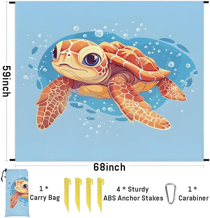 Waterproof Sandproof Beach Blanket 59''×68'' Turtle Polyester Outdoor Picnic Blanket with 4 Stakes &amp Storage Bag for BeachCampingVacation Orange