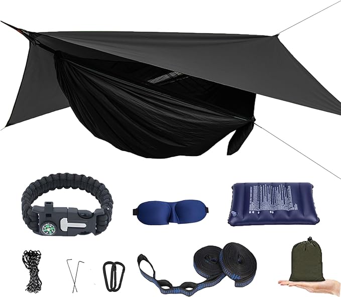 Camping Hammock with Mosquito Net and Rain Fly - Travel Hammock Bug Net - Hammock Tent for Outdoor Hiking Backpacking Travel Camping Accessories and Camping Gear…