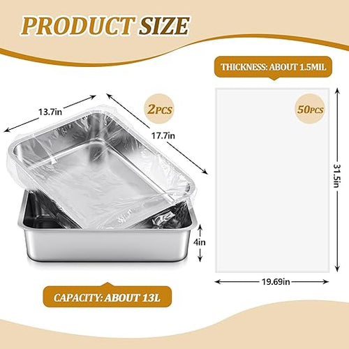 2 Pack 13 L Stainless Steel Commercial Bus Tubs and 50 Pack Plastic Meat Lug Liners Food Grade Meat Processing Tubs Lug for Dishwashing Kitchen Restaurant Utility