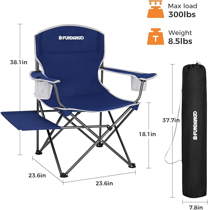 FUNDANGO Folding Padded Camping Chair Portable Outdoor Full Back Lawn Arm Chair with Side Table Cup Holder Side Pocket for Garden Picnic BBQ with Carry Bag Support 300LBS