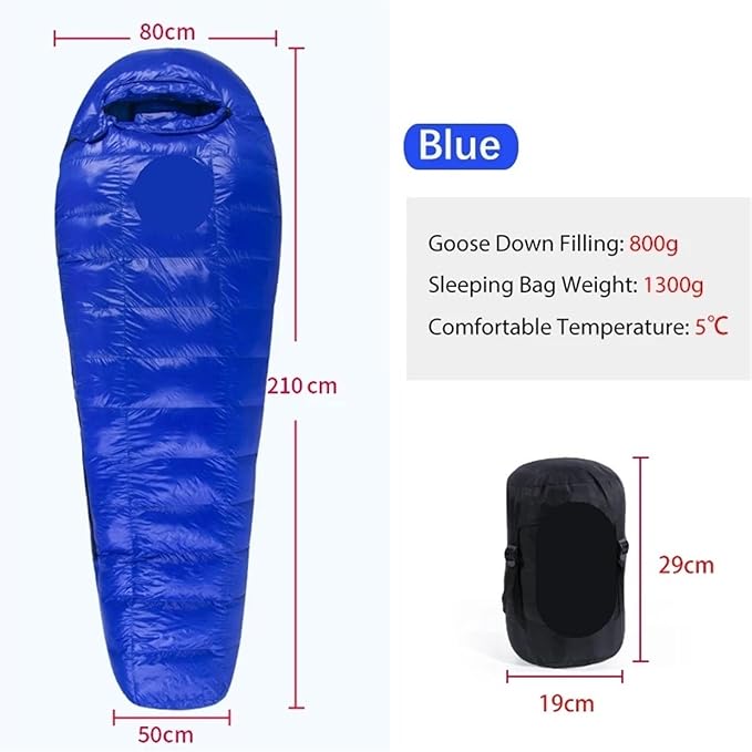 Sleeping Bag White Goose Down Sleeping Bag Camping Filled Men Warm for Travel Hiking for Adult(Blue 800g)