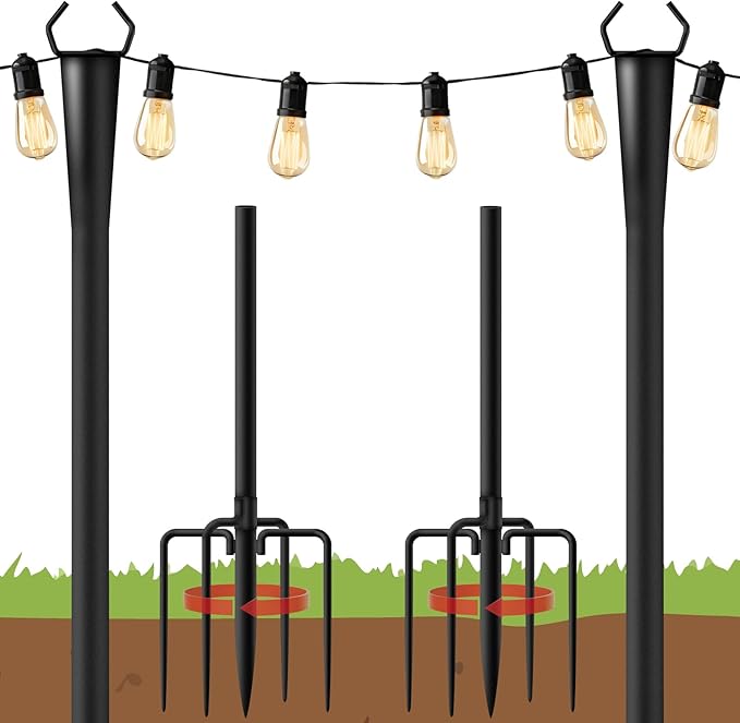 10Ft String Light Poles 2 Pack for Outside Metal Outdoor Light Poles with 5 Prongs for Garden Patio Backyard Deck Fence Bracket Hanging Light for Party Wedding Decor