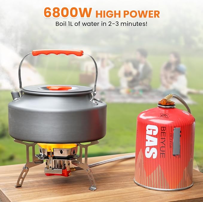 Portable Propane Camping Stove for Outdoor - GEEKHOM 6800W Windproof Gas Stove with Piezo Ignition 2-Fuel Butane Propane Backpacking Stove for Hiking &amp Picnics Tripod Base &amp Adapter