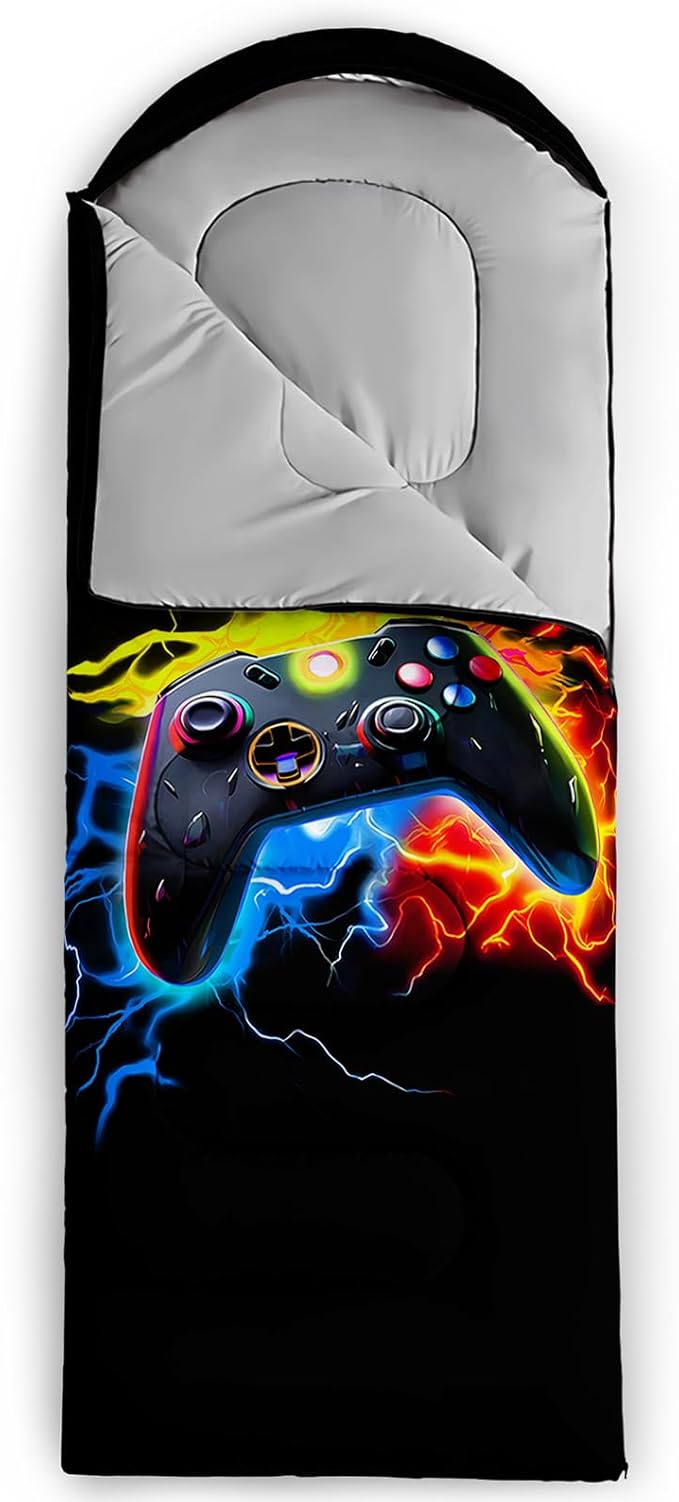 Axolotl Gaming Sleeping Bag for Boys Girls KidsGamepad Waterproof Portable Camping Bag3 Season Warm Cool Weather Lightweight Compact Camping Essentials Gear for Travelling Hiking Green Purple Orange