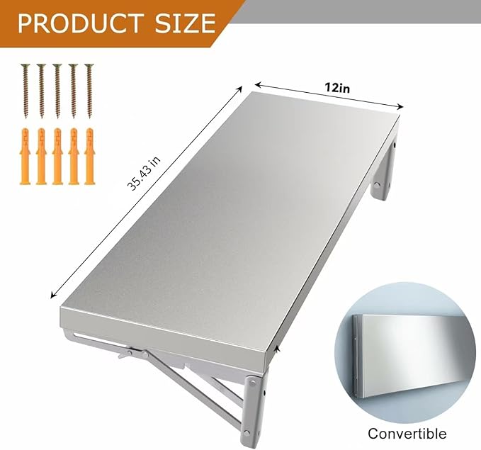 Concession Shelf 35.4 L x 12 W Folding Concession Shelf for Food Truck Stainless Steel Drop Down Folding Serving Food Shelf Stand for Concession Windows