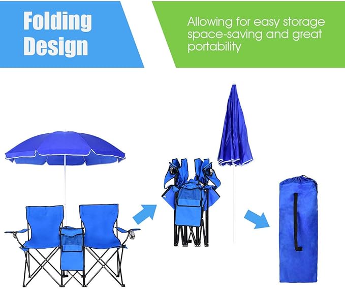 Goujxcy Portable Double Folding Picnic Chairs Beach Camping Chair W/Umbrella Mini Table Beverage Holder Carrying Bag for Beach Patio Pool Park Outdoor