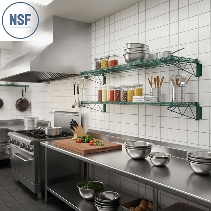 2-Pack 14 x 60 Fixed Wire Green Epoxy Wall Mount Shelf Commercial Wall Mount Shelving NSF