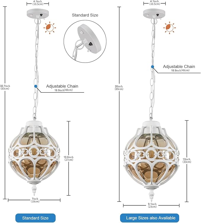 Dusk to Dawn Globe Outdoor Pendant Lights White Porch Hanging Lantern Pendant Lighting Outside Aluminum Waterproof Adjustable Ceiling Light Vintage Amber Glass Exterior Chandelier