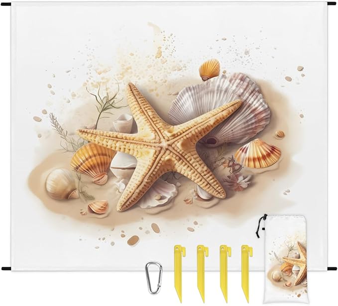 Waterproof Sandproof Beach Blanket 59''×68'' Oceans Polyester Outdoor Picnic Blanket with 4 Stakes &amp Storage Bag for BeachCampingVacation Starfish