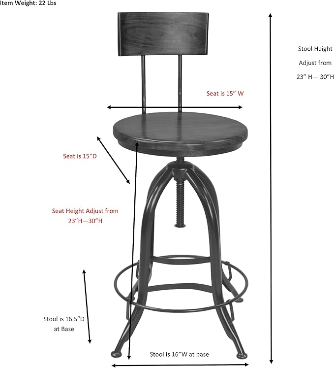 Carolina Chair &amp Table Ryder Adjustable Round Bar Stool - Powder Coated Metal Frame Solid Wood Seat Swivel Stool - Rustic Furniture for Counter Dining Room Kitchen (Chestnut/Black Curved Back)