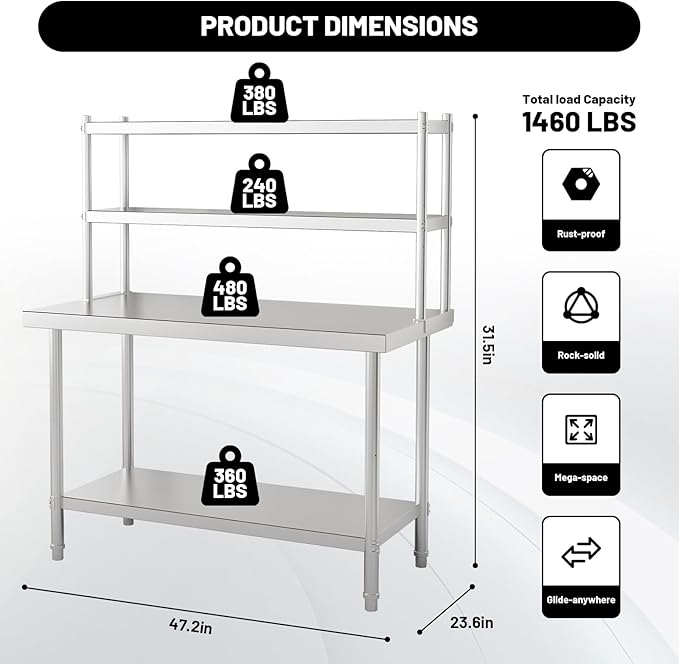 2-Tier Stainless Steel Commercial Work Table 47.2 W x 23.6 D x 31.5 H with Overshelf Heavy Duty Kitchen Prep Table for Restaurant Home Kitchen Garage Warehouse