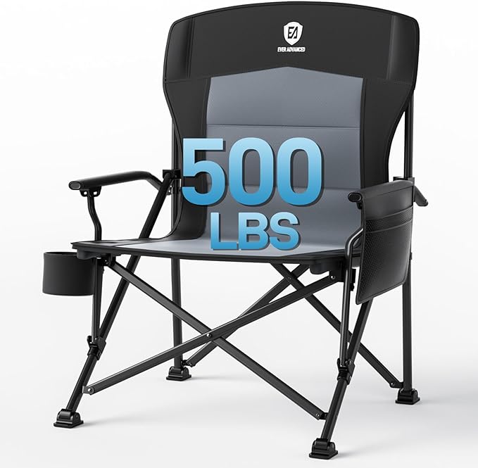 EVER ADVANCED Oversized Folding Camping Chair for Adults Heavy Duty Lawn Chair with Side Pockets Portable Collapsible Quad Chair for Outside Support Up to 500lbs Black