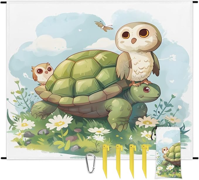 Waterproof Sandproof Beach Blanket 59''×68'' Turtle Polyester Outdoor Picnic Blanket with 4 Stakes &amp Storage Bag for BeachCampingVacation Green