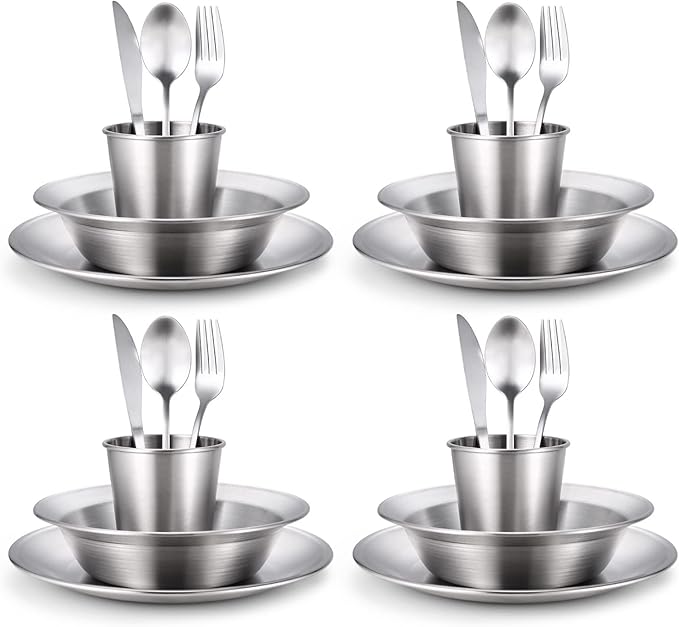 Odoland Stainless Steel Camping Mess Kit for Family &amp Person Cooking Tableware Utensils with Plates Bowls Forks Spoons Knives &amp Savings Bag for Camping Backpacking Hiking Picnic