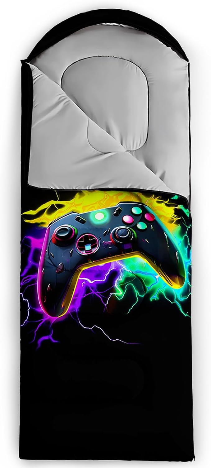 Axolotl Gaming Sleeping Bag for Boys Girls KidsGamepad Waterproof Portable Camping Bag3 Season Warm Cool Weather Lightweight Compact Camping Essentials Gear for Travelling Hiking Green Purple Orange