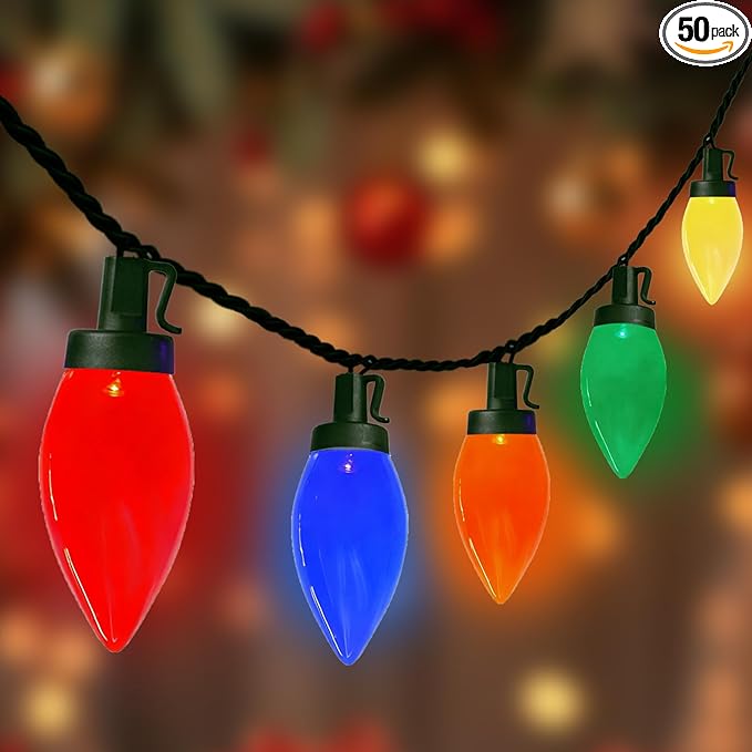 C9 Christmas String Lights Outdoor 26FT 50 LED Vintage Multicolor Fairy Lights Plug in UL Listed Waterproof Connectable Christmas Tree Lights for Home Roofline Garden Patio Decor Green Wire