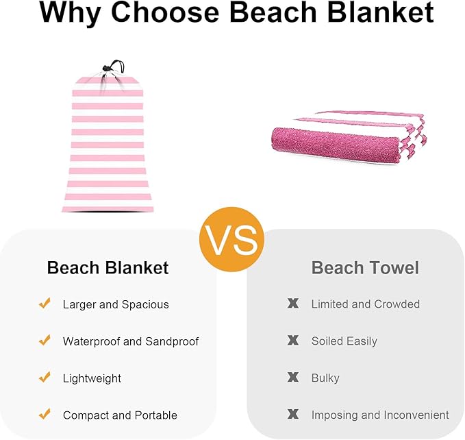 BEW Beach Blanket Sandproof Waterproof Pink Striped Picnic Blanket Extra Large 9 Ft X 10 Ft for 8 Adults with Stakes and Sand Pocket Compact Lightweight Sand Free Beach Mat Essential