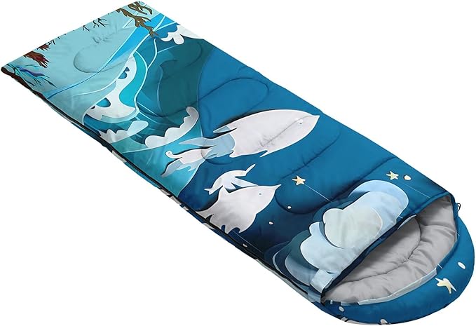 Kids Sleeping Bag for Boys GirlsCartoon Blue Unicorn Print-Lightweight Warm Portable Outdoor Indoor-Waterproof Cold Weather Resistant Sleeping Bag for Camping Hiking