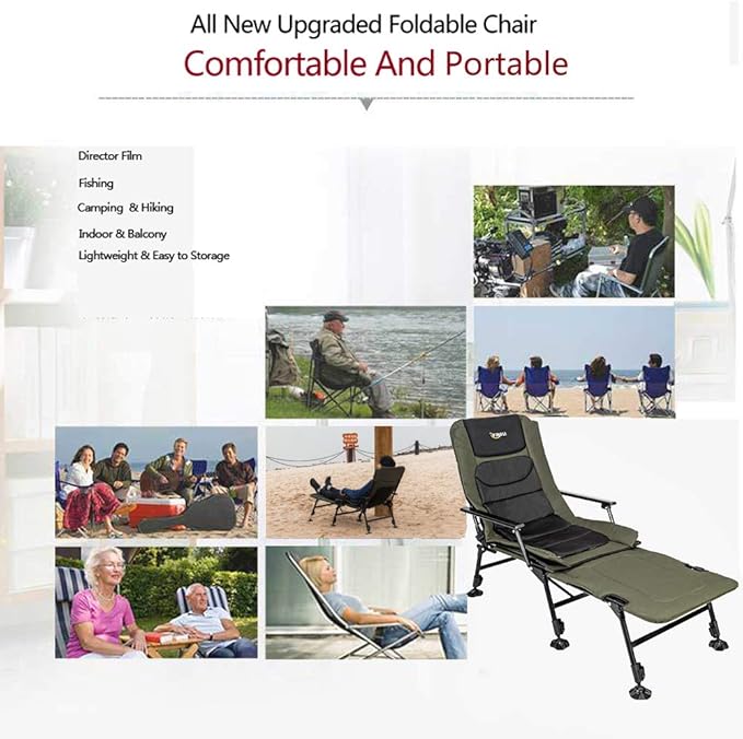 VINGLI Heavy Duty Fishing Chair with Footrest Support 440 LBS Oversized Camping Chairs with 160° Adjustable High Back Beach Chair for Outdoors/Yard/Forest