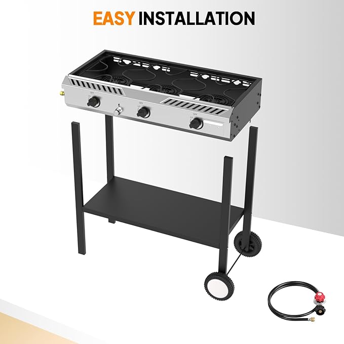 Bonnlo 3 Burner Propane Stove with Inginition 225000BTU Gas Stove with Storage Shelf and Portable Rolling Wheels Gas Burner for Outdoor Camping Patio Backyard Cooking Boiling Frying Stewing