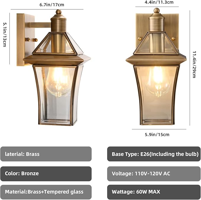 Waterproof Brass Outdoor Wall Lanterns (2-Pack) - E26 Socket &amp Glass Shade Exterior Wall-Mounted Lights Rustproof Modern Sconces for Front Door Porch Yard &amp Entryway