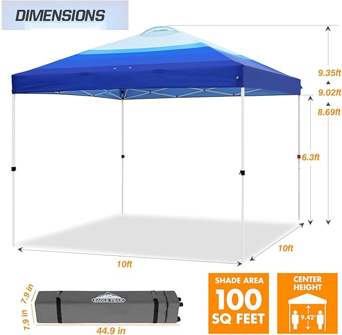 EAGLE PEAK Pop Up Canopy Tent with Wheeled Carry Bag 8 Stakes 4 Ropes 4 Weight Bags Easy Set Up Tent Canopy 10x10 ft 100sqft of Shade Blue Fade Stripe