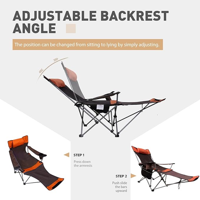 Reclining Camping Chair with Removable Footrest Adjustable Camping Lounge Beach Chair with Padded Headrest Cup Holder &amp Carry Bag Camp Chair with Foot Rest Lawn Chair for Outdoor Patio Orange