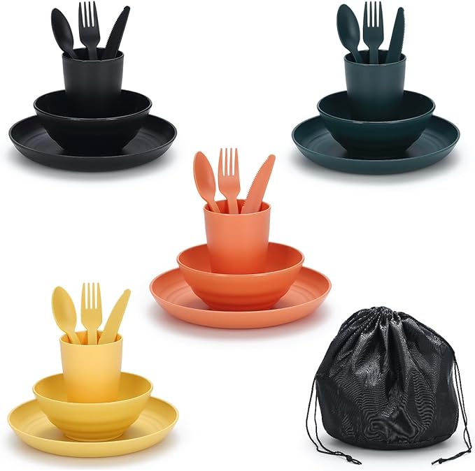Camping Mess Kit for 4 with Bowl Plate Cup Spoon Fork Knife and Carry Bag Plastic Camping Accessories Essentials Gear for Travel Picnic Outdoor Easy to Carry &amp Store