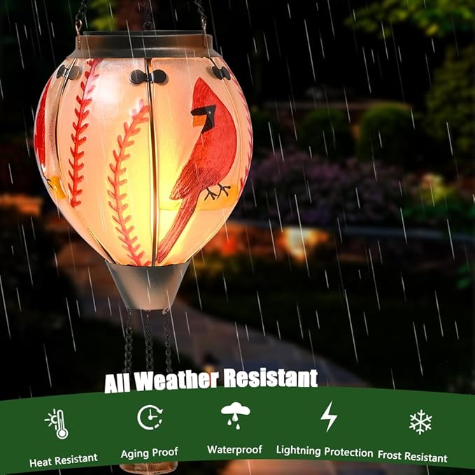 Hot Air Balloon Solar Lantern - Cardinal Bird Glass Lantern Simulated Flickering &amp Dancing Flame Outdoor Hanging Yard Light Waterproof IP65 for Patio Lawn Porch Decor Gift