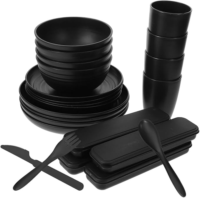 STOBAZA 4Sets Camping Tableware Reusable Dining Dishes with Bowls Plates Cutlery and Cups Compact Portable for Outdoor Picnics Dishwasher