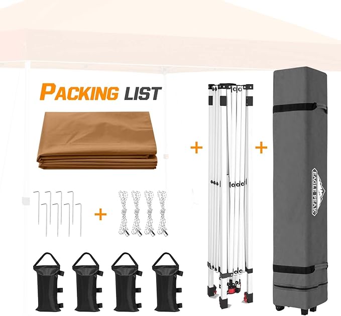EAGLE PEAK Pop Up Canopy Tent with Wheeled Carry Bag 8 Stakes 4 Ropes 4 Weight Bags Easy Set Up Tent Canopy 10x10 ft 100sqft of Shade Khaki
