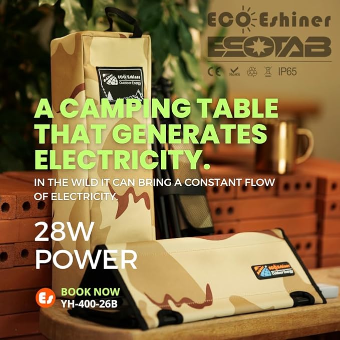 ECOeshiner Solar Folding Table 28W Camping Table - Solar Charging Mesh Bag Two USB Ports Heat + Water + Splash Resistant Solar Powered Beach Table Picnic Table Outdoor Table