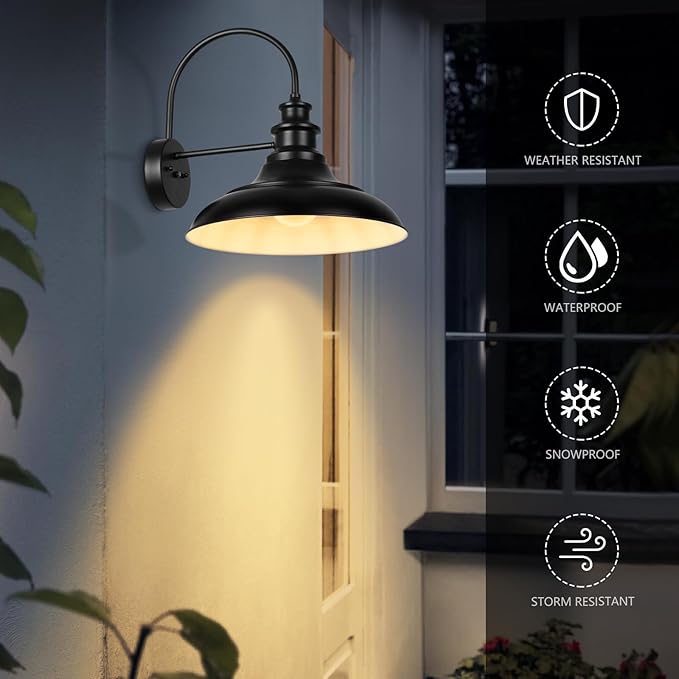 Dusk to Dawn Sensor Outdoor Barn Light Fixtures 16 Inch Dome Farmhouse Outdoor Wall Sconces Rustic Exterior Wall Mount Lights Industrial Black White Lanterns for Porch 2 Pack