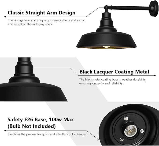 24 Large Gooseneck Outdoor Light - Classic Outdoor Barn Light Fixture Black Exterior Wall Light Fixture for Farmhouse Great for Patio and Farmhouse