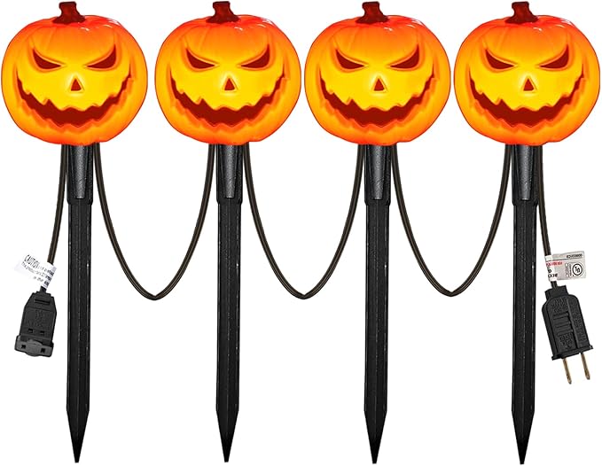 SUNSGNE Halloween Pathway Lights Set of 4 Halloween Pumpkin Stake Lights with 5 C7 LED Light Bulbs(1 Spare) Connectable Pumpkin Light for Path Walkway Driveway Garden Decorations