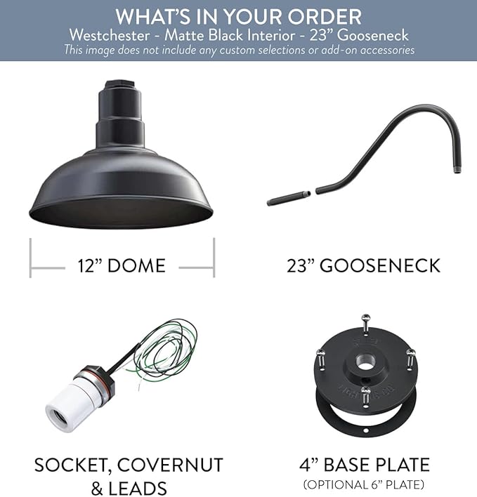 Steel Lighting Co. Westchester Barn Light | Outdoor Wall Mounted | 12 inch Dome | 23 inch Gooseneck| Warehouse Steel Light Made in America | Matte Black Exterior/Matte Black Interior