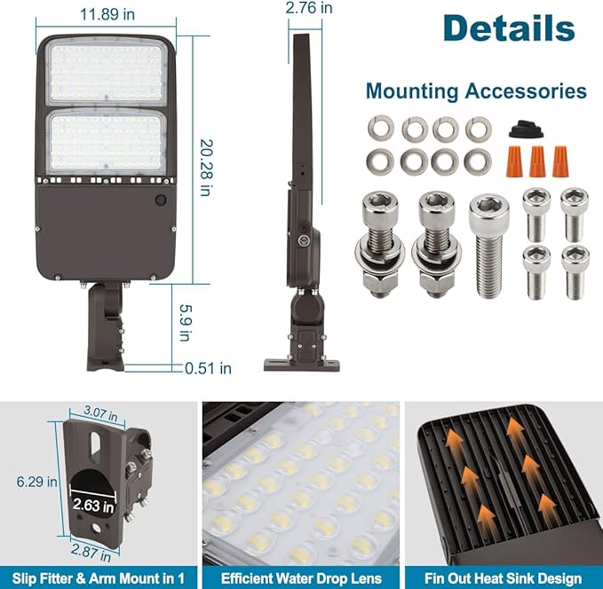 300W LED Parking Lot Light with Photocell Outdoor Dimmable LED Pole Lights with Slip Fitter &amp Arm Mount in 1 150LM/W 45000LM 5000K 100-277V IP65 Power Selectable (300W/240W/200W) ETL