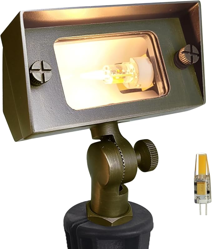 COLOER Brass Small Rectangular Flood Lights Outdoor with 2W 2700K Warm White LED G4 Bulb 12V Low Voltage Landscape Outside Lights for House Illuminating Signs Walls and Plant Material