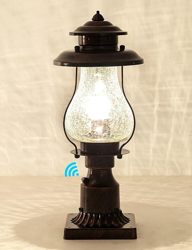 Dusk to Dawn Post Lights Outdoor Photocell Sensor Rustic Pole Mount Lanterns with Pier Mount Adapter Oil Rubbed Brown with Crackle Glass Waterproof Pillar Lights for Patio Garden Porch and Backyard