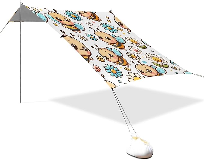 Cute Cartoon Little Bee Camping Sun Shelter Beach Tent Portable Beach Sun Shade Outdoor Canopy for Camping Trips Fishing Picnic