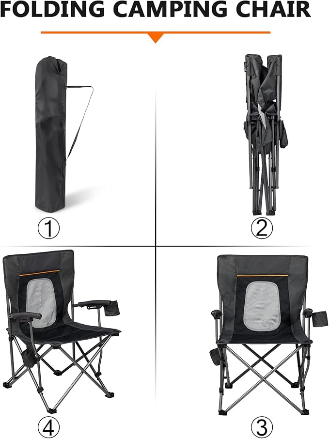 Portal Folding Camping Chair Comfortable Portable Lawn Chairs Lightweight Foldable Outdoor Camp Chair for Adults Supports up to 300 lbs Black