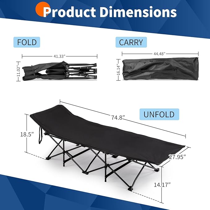 Outdoor Camping Cot for Sleeping Bed 330LBS Max Load Heavy-Duty Oxford Foliding Cots for Adults Portable with Mattress Carry Bag for Guest Travel Hiking (Black)
